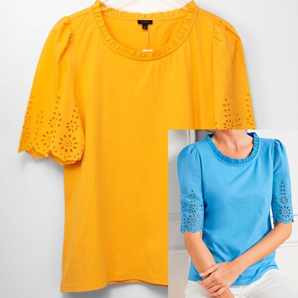 Talbots Eyelet Trim Knit Tee Scallop Sleeve T-Shirt Yellow Size Large New - Picture 1 of 6